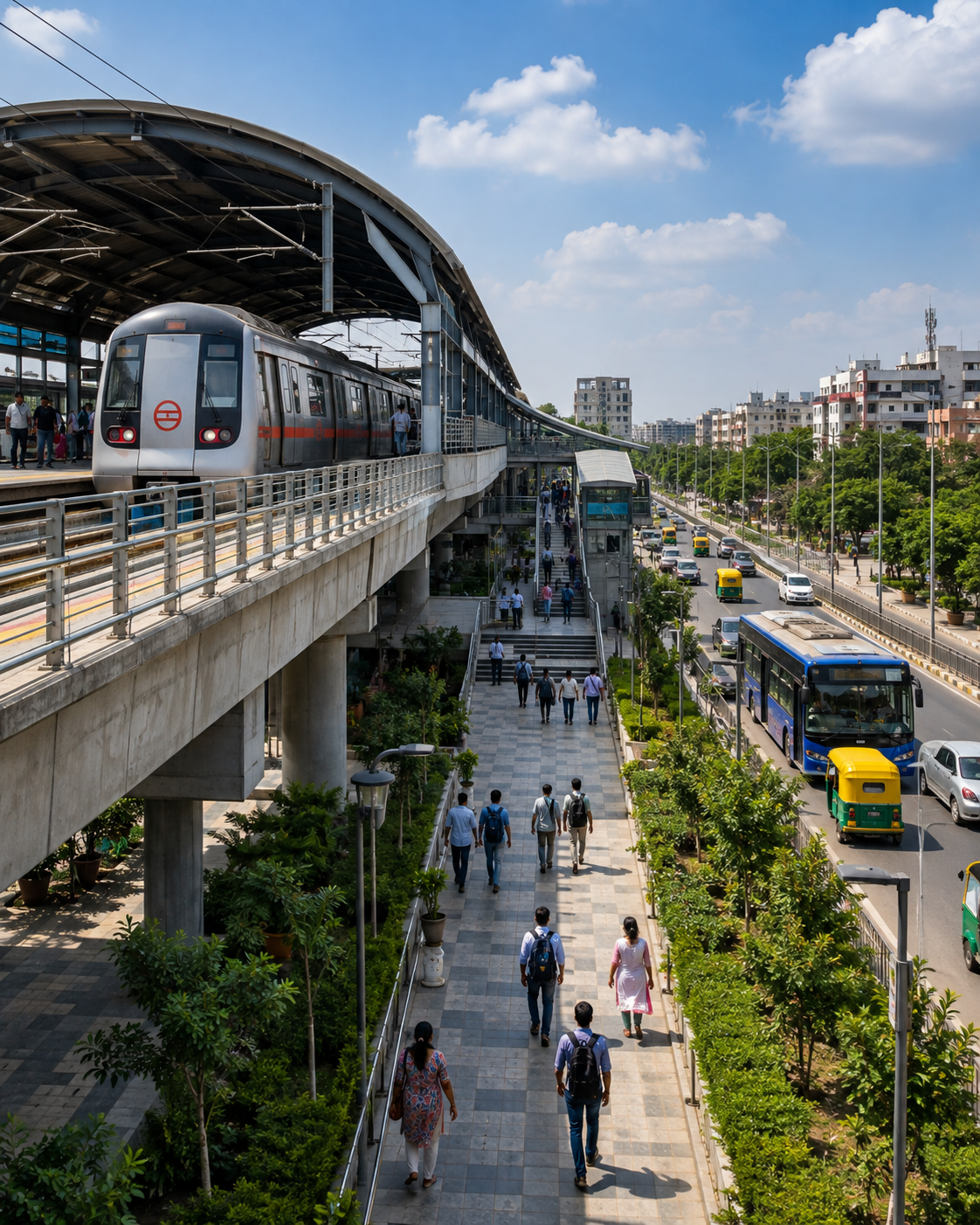 Modern metro station with metro train, buses, auto-rickshaws and landscaped pedestrian walkway near IP Extension, Patparganj, East Delhi.