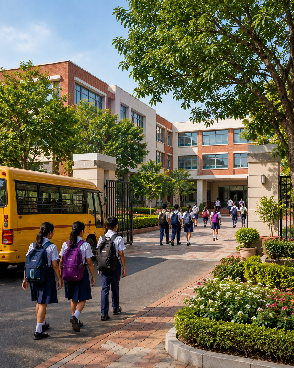 Modern school campus with students and school bus near IP Extension, Patparganj, East Delhi