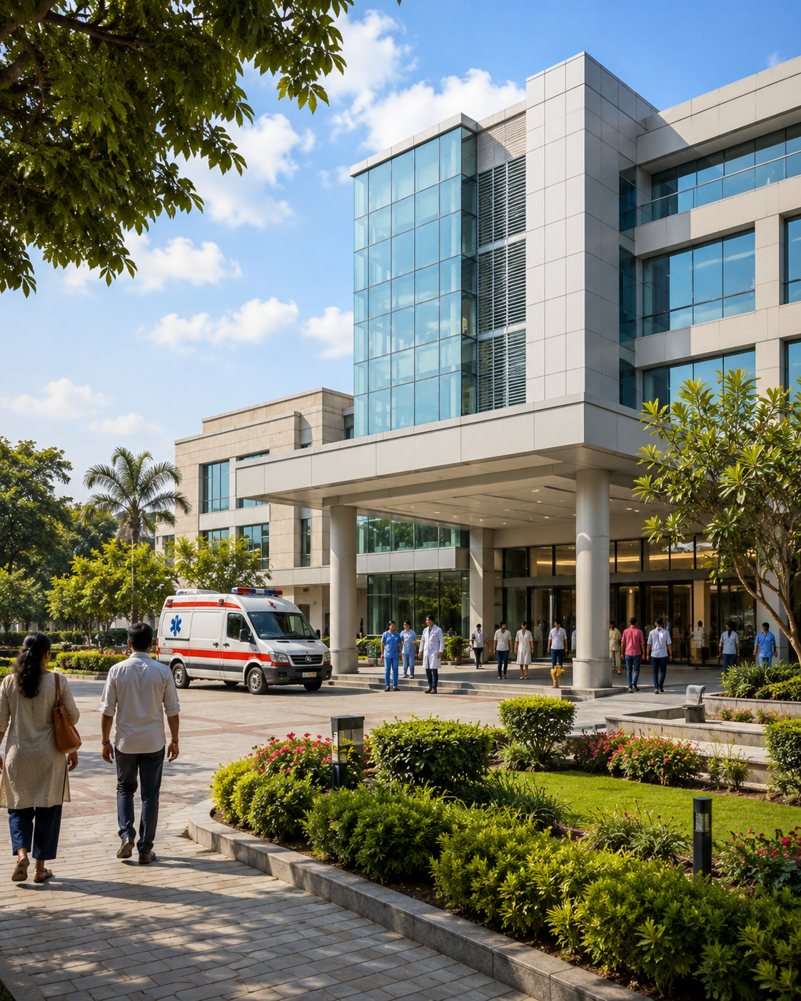 Modern multi-speciality hospital with ambulance and landscaped entrance near IP Extension, Patparganj, East Delhi.