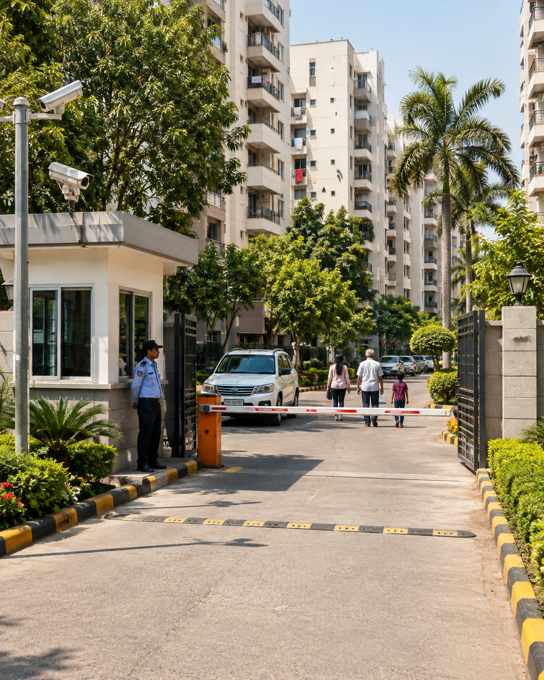 Gated residential apartment entrance with security guard, CCTV surveillance and controlled access in IP Extension, Patparganj, East Delhi.