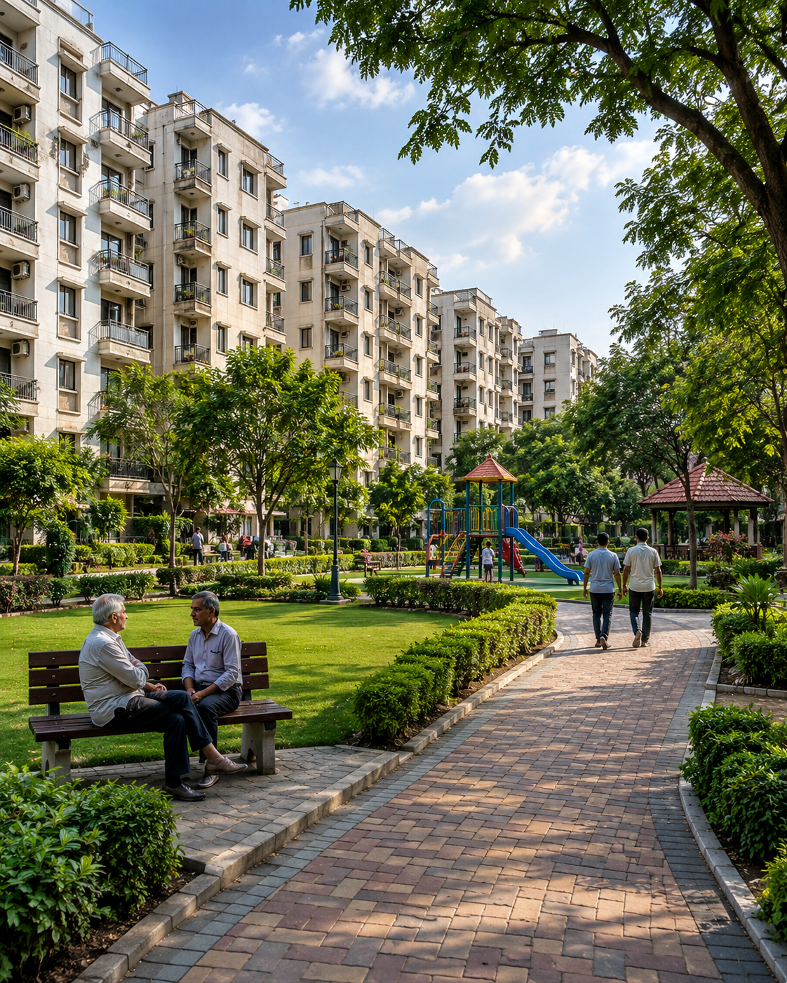 Families enjoying landscaped gardens, walking pathways and community parks inside a residential apartment society in IP Extension, Patparganj, East Delhi.