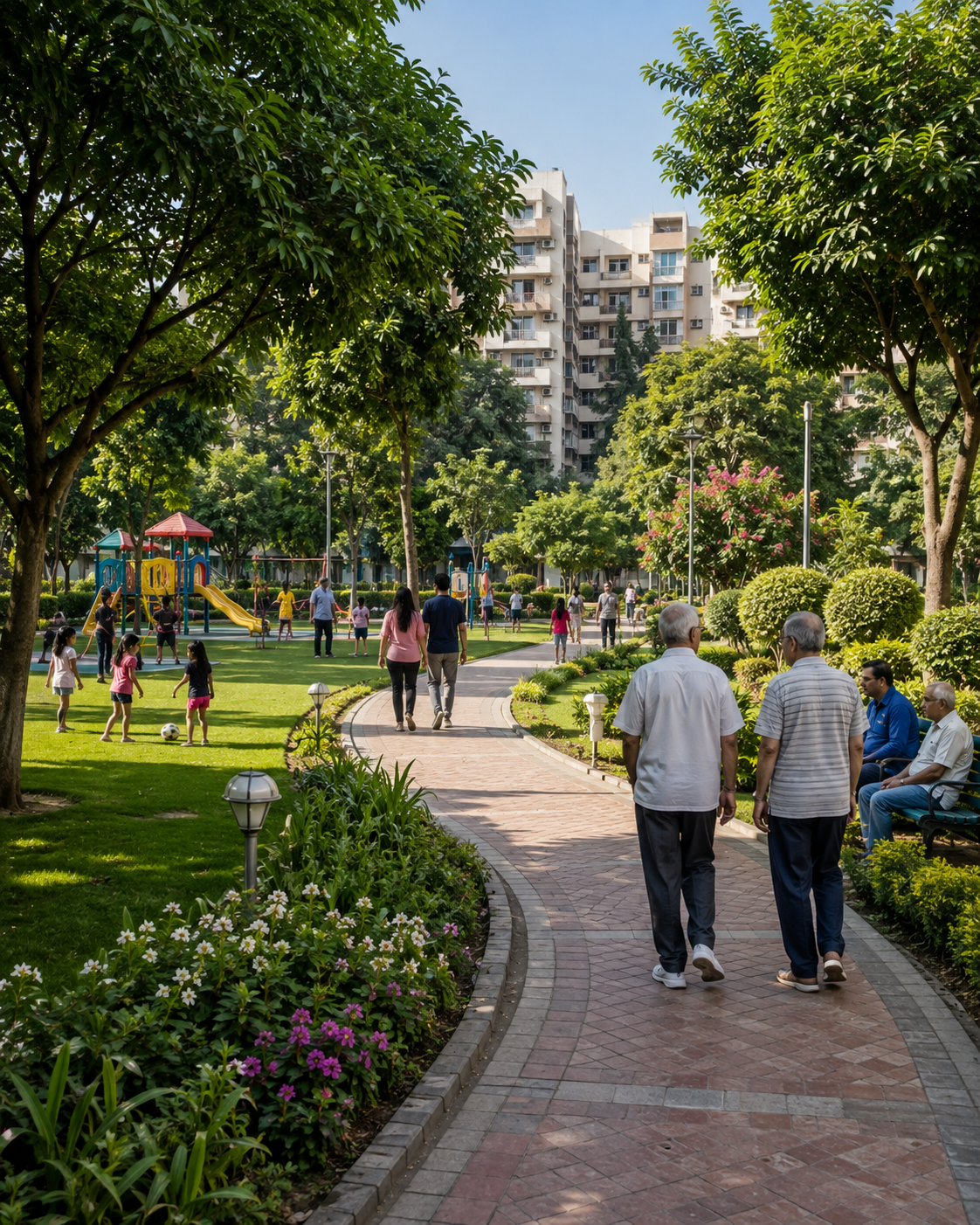 Landscaped residential park with walking track, children's play area, mature trees and apartment buildings in IP Extension, Patparganj, East Delhi.