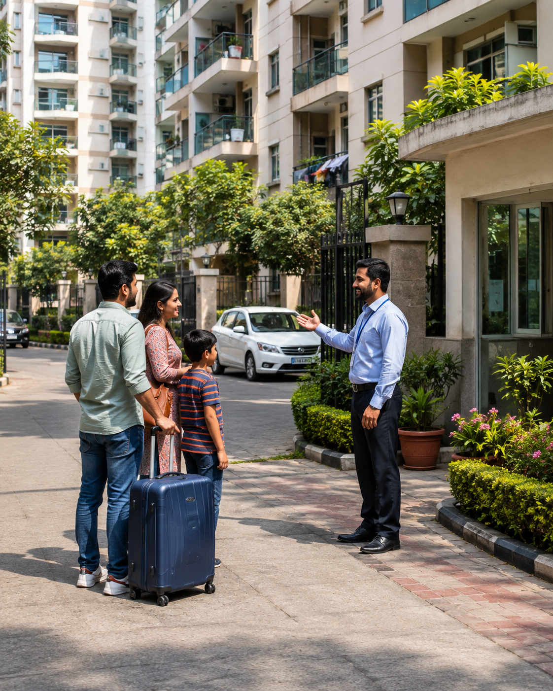 Modern apartment community with tenants and families in a gated residential society, representing strong rental demand in East Delhi.