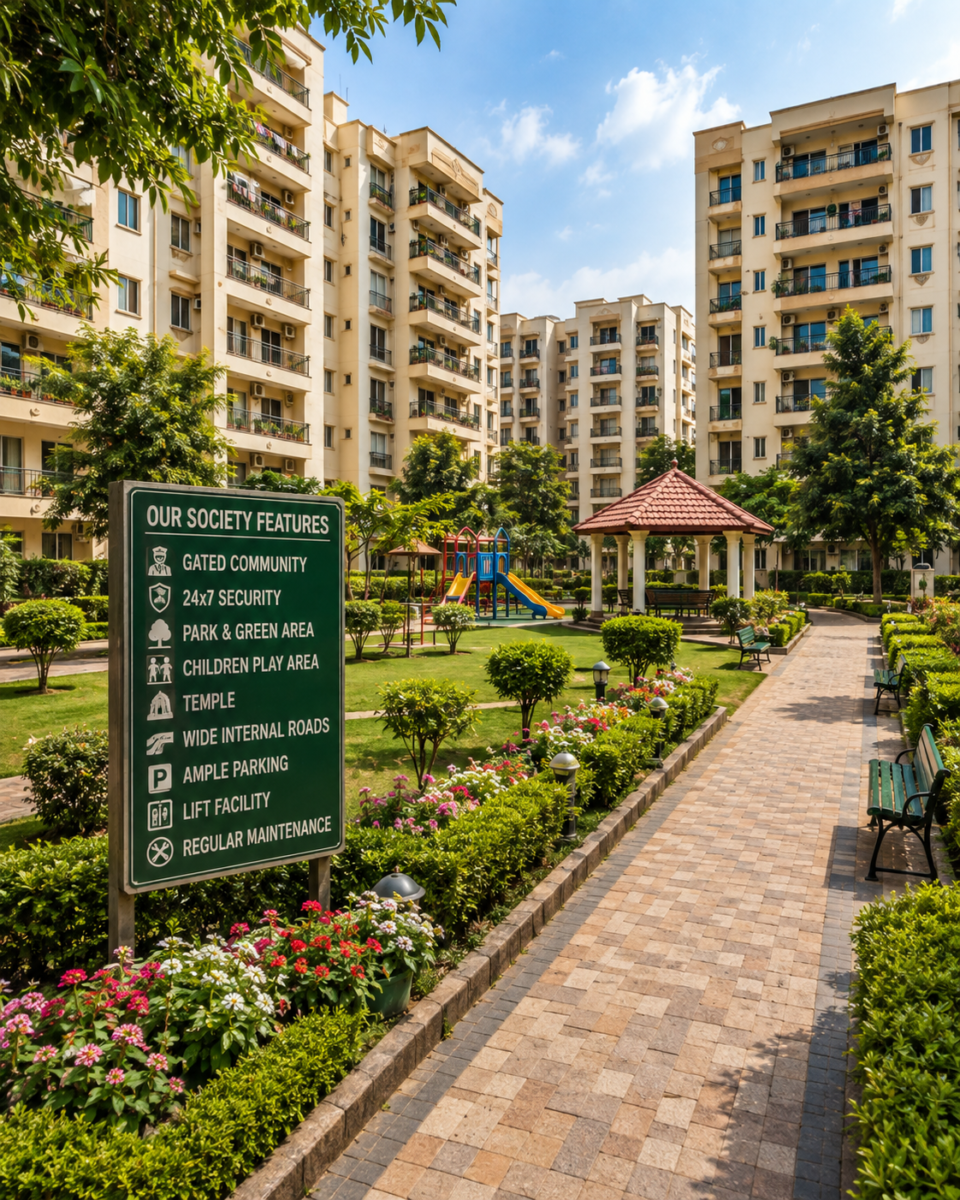 Residential CGHS apartment society with landscaped gardens in IP Extension, Patparganj, East Delhi