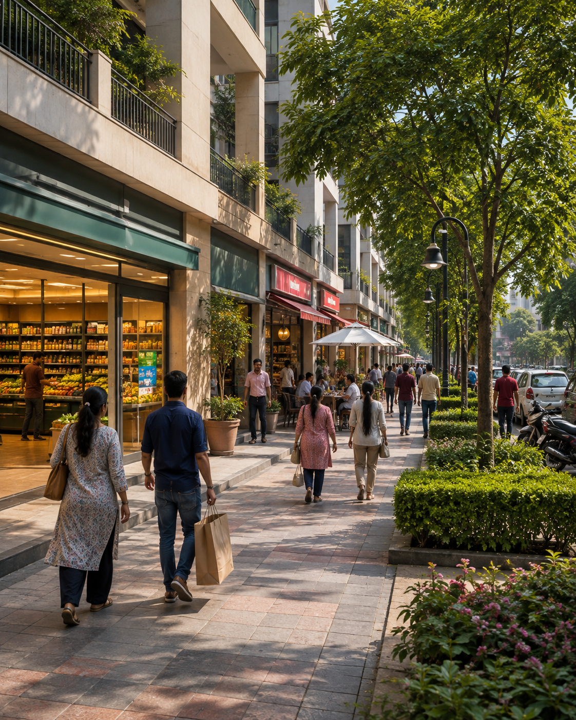 Modern neighbourhood shopping street with supermarkets, cafés, convenience stores and landscaped walkways in IP Extension, Patparganj, East Delhi.