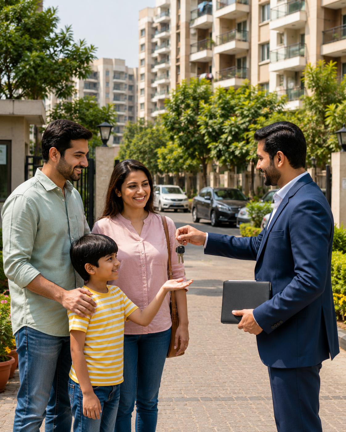 Happy family receiving apartment keys from a real estate consultant in a modern gated residential community in East Delhi.