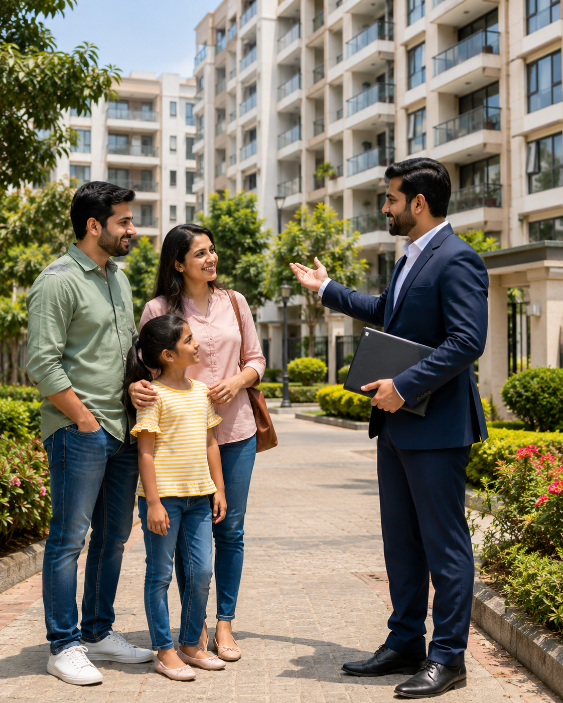 Professional real estate consultant assisting a family with apartment selection in a modern residential community in East Delhi.