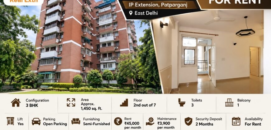 3 BHK Flat for Rent in Paradise Apartment, IP Extension Patparganj