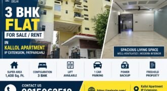 Rental Flat 3 BHK in Kallol Apartment, IP Extension, East Delhi