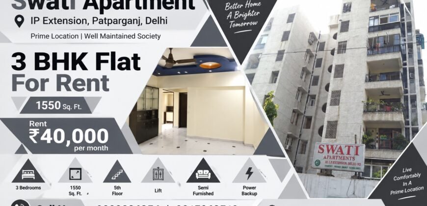 3 BHK Rental Flat in Swati Apartment, IP Extension
