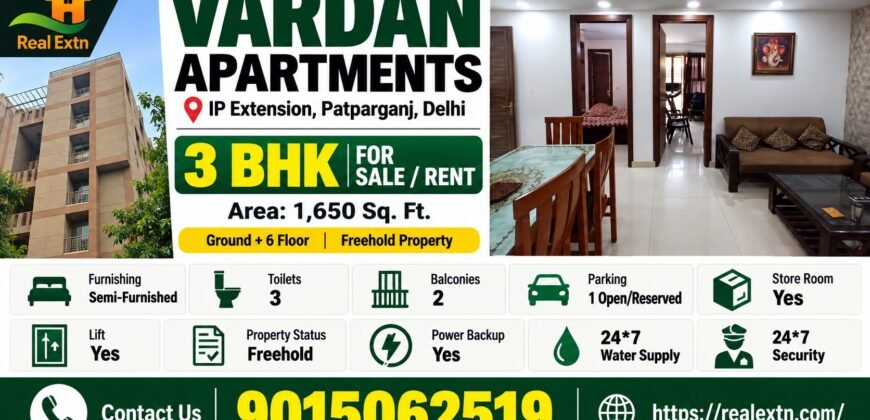 Spacious 3 BHK for Rent Vardan Apartment, IP Extension