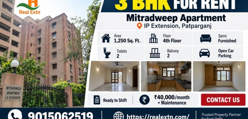3 BHK for Rent in Mitradweep Apartment, IP Extension, Patparganj