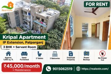 3 BHK with Servant Room for Rent, Kripal Apartment, IP Extension