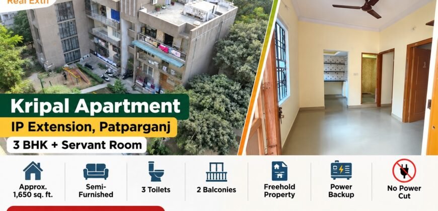 3 BHK with Servant Room for Rent, Kripal Apartment, IP Extension