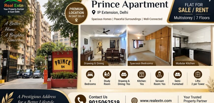 3 BHK with Study Flat for Rent in Prince Apartment, IP Extension